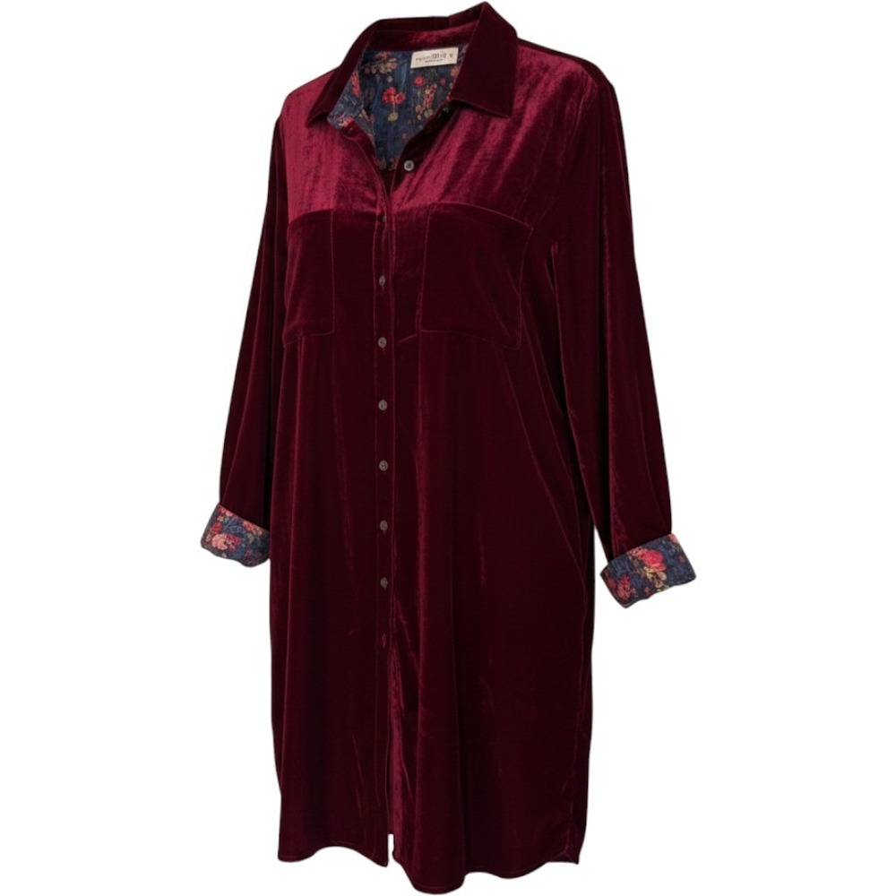 Natural Life Shirt Dress Large Burgundy Velvet Floral Trim Long Sleeve Tunic